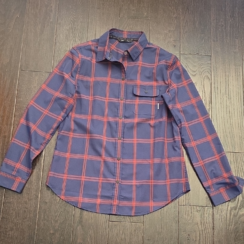 Vortex Red and Blue Trail Plaid Women's Button-Down Shirt